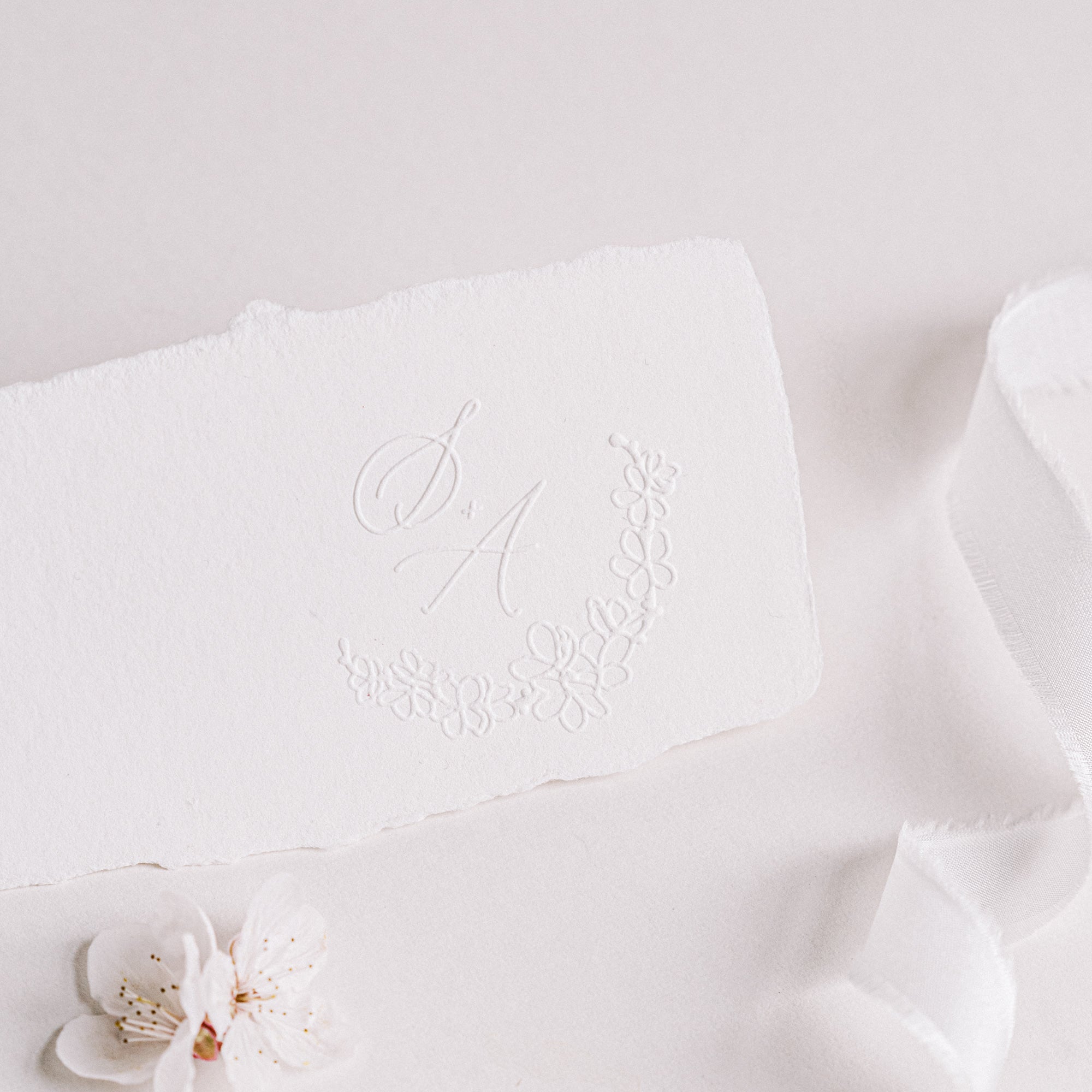 Emika Cherry Blossom Botanical Calligraphy Script Monogram Embosser for Embossed Fine Art Wedding Invitation Envelopes, Menus & Packaging | Heirloom Seals