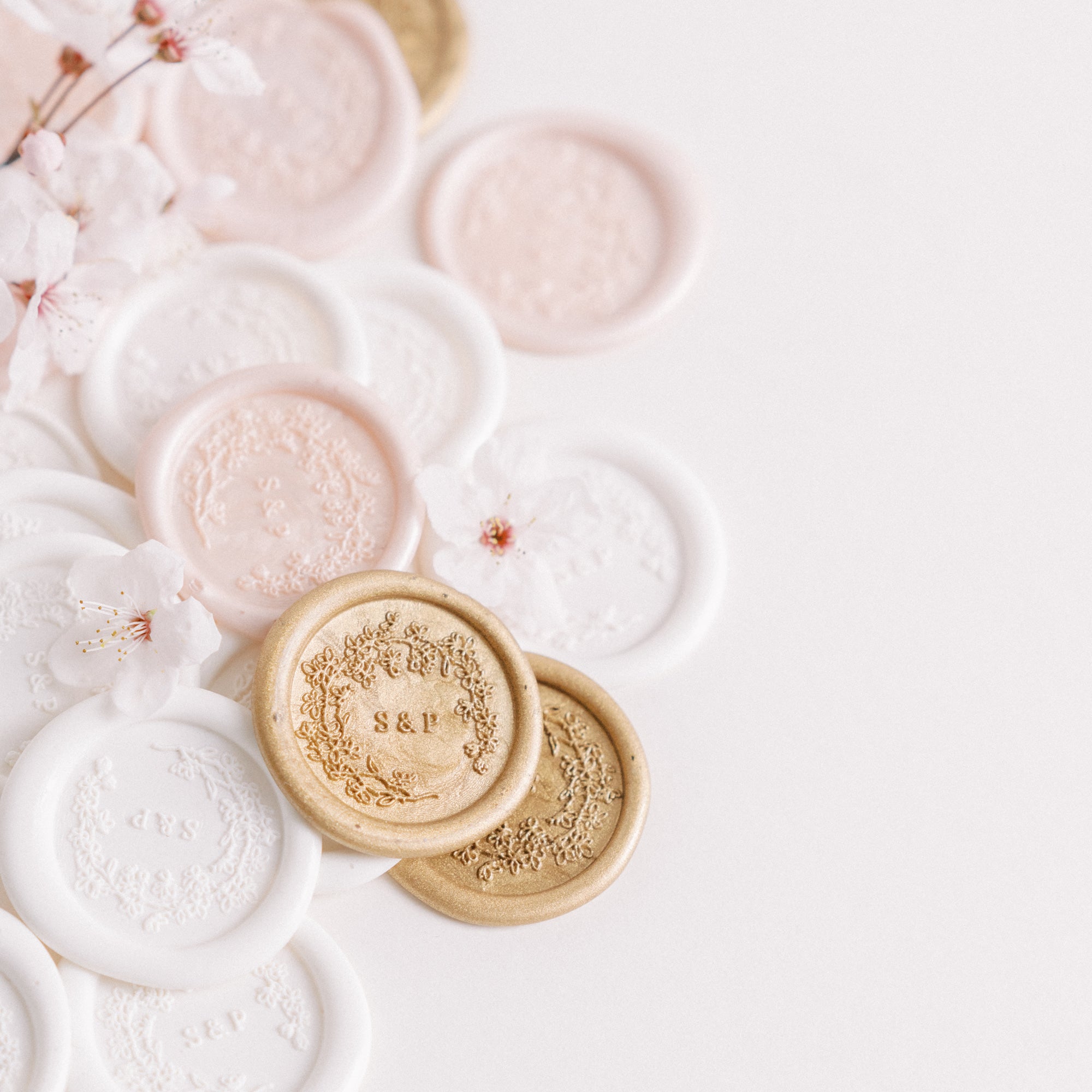 Ichika Cherry Blossom Monogram Wax Seals for Fine Art Weddings | Cherry Blossom Embellishments for Blush Pink Spring Weddings | Heirloom Seals