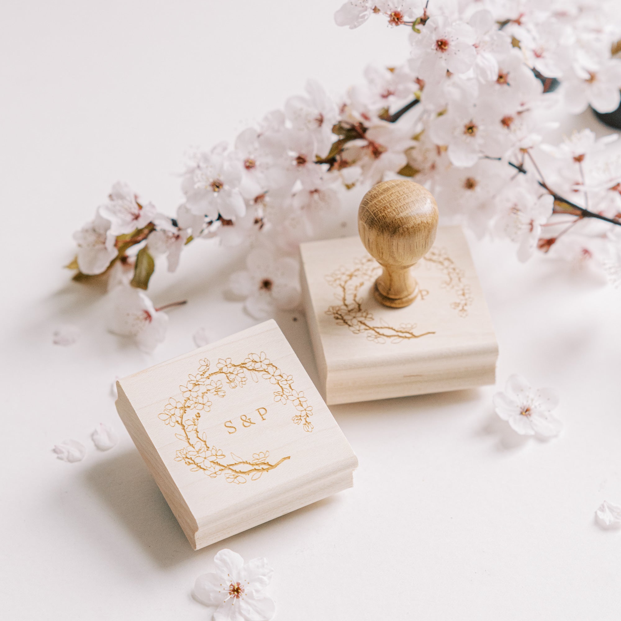 Ichika Cherry Blossom Monogram Rubber Stamp for Fine Art Weddings | Cherry Blossom Embellishments for Blush Pink Spring Weddings | Heirloom Seals
