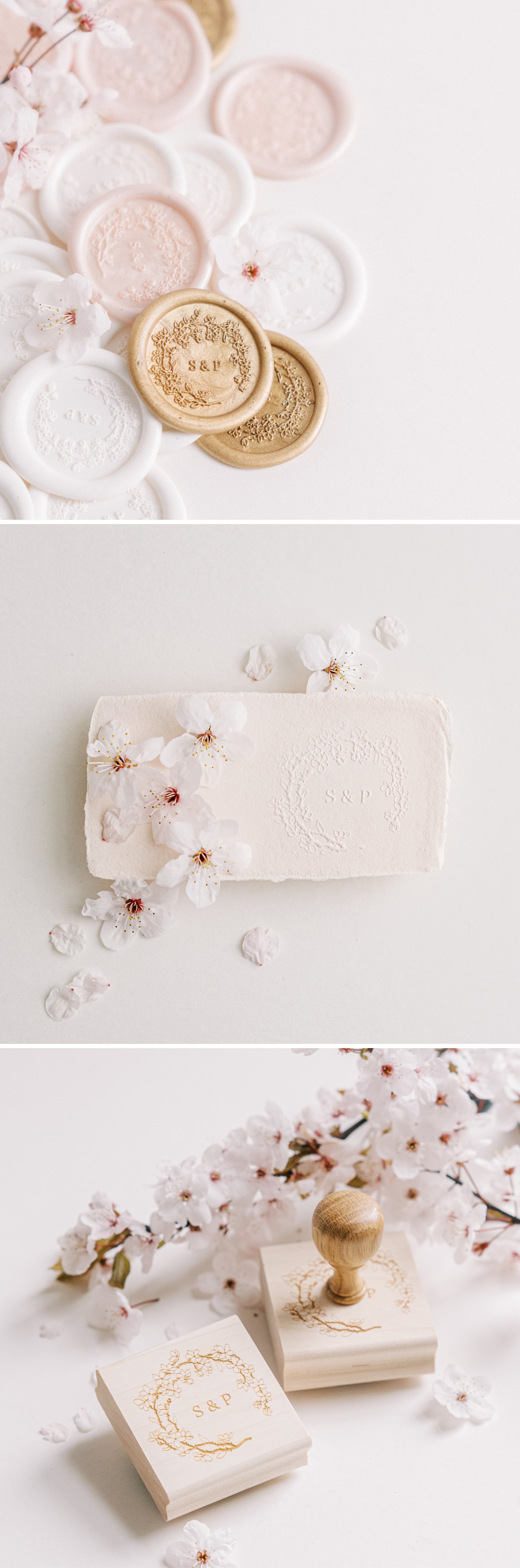 Ichika Cherry Blossom Monogram Design | Self-Adhesive Wax Seals Embosser & Rubber Stamp | 'Sakura' Cherry Blossom Embellishments for Blush Pink Spring Wedding | Heirloom Seals