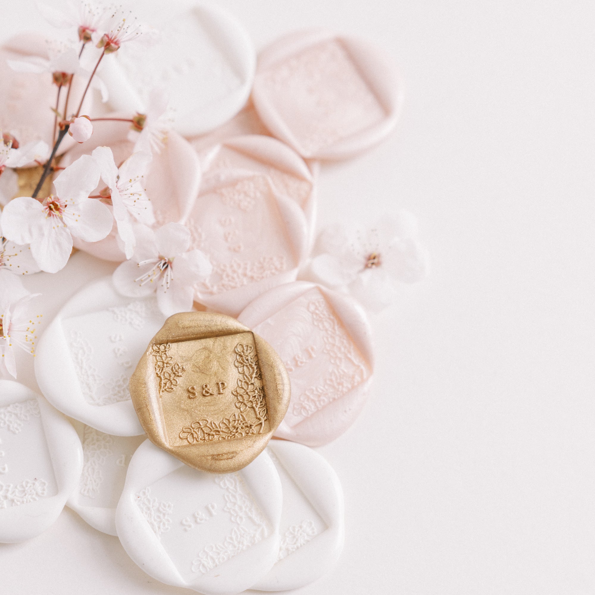 Kokoro Cherry Blossom Self-Adhesive Square Wax Seals for Fine Art Weddings | Cherry Blossom Blush Pink Spring Wedding Inspiration | Heirloom Seals