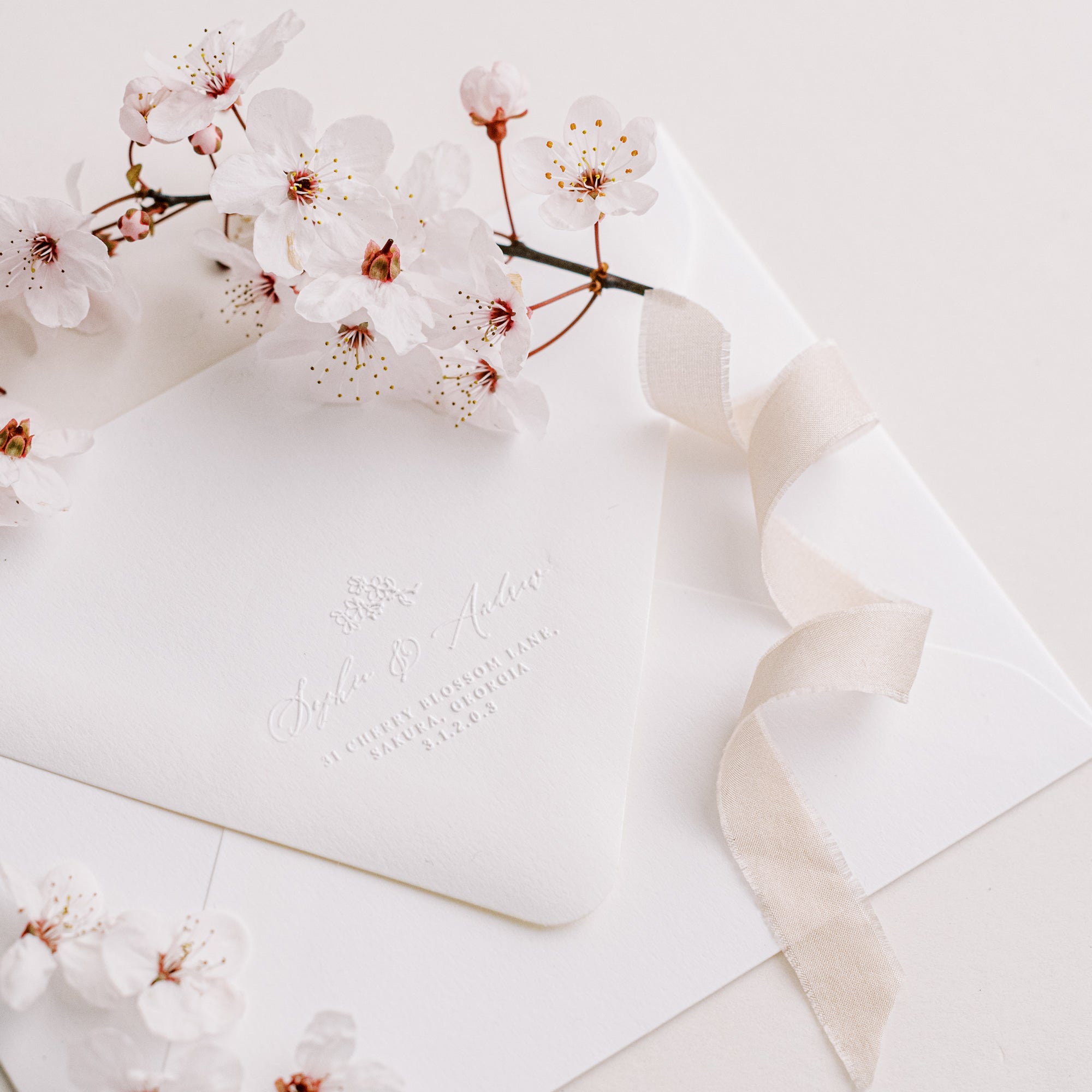 Misaki Cherry Blossom Calligraphy Script Return Address Embosser for Embossed Fine Art Wedding Invitation Envelopes, Menus & Packaging | Cherry Blossom Blush Pink Spring Wedding Inspiration | Heirloom Seals