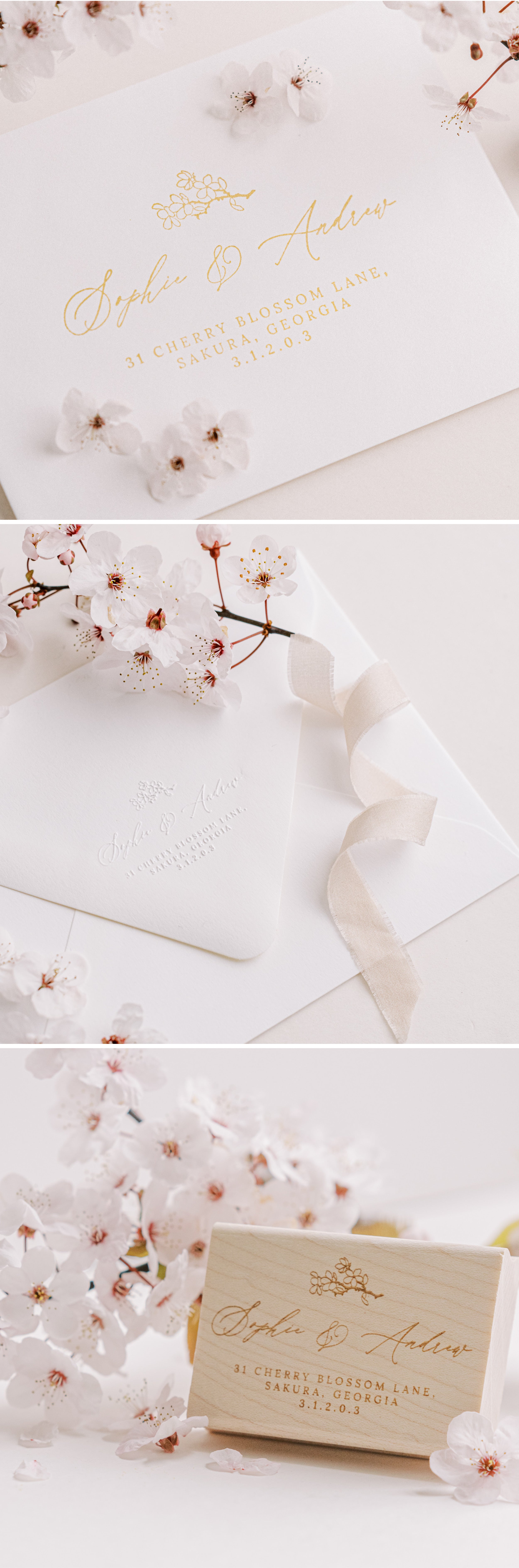 Misaki Cherry Blossom Return Address  Design | Rubber Stamp & Embosser | 'Sakura' Cherry Blossom Rubber Stamp Embellishment for Blush Pink Spring Wedding | Heirloom Seals