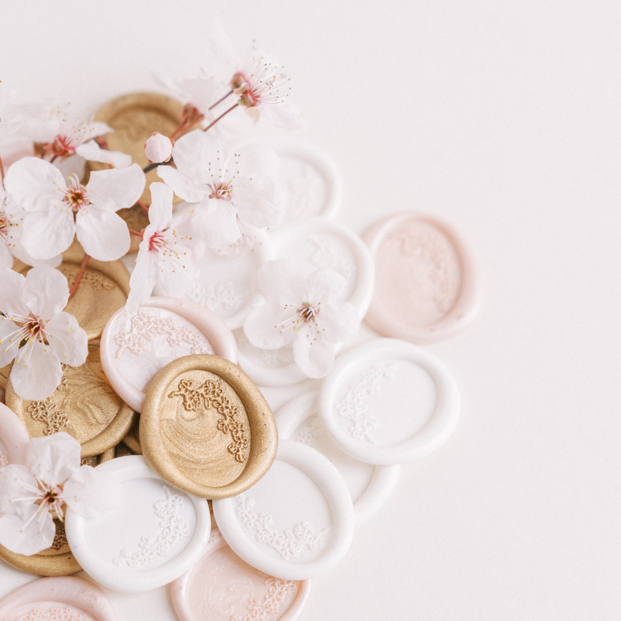 Pink Pearl Cherry Blossom Oval Wax Seals for Fine Art Weddings | 'Sakura' Cherry Blossom Embellishments for Blush Pink Spring Wedding | Heirloom Seals