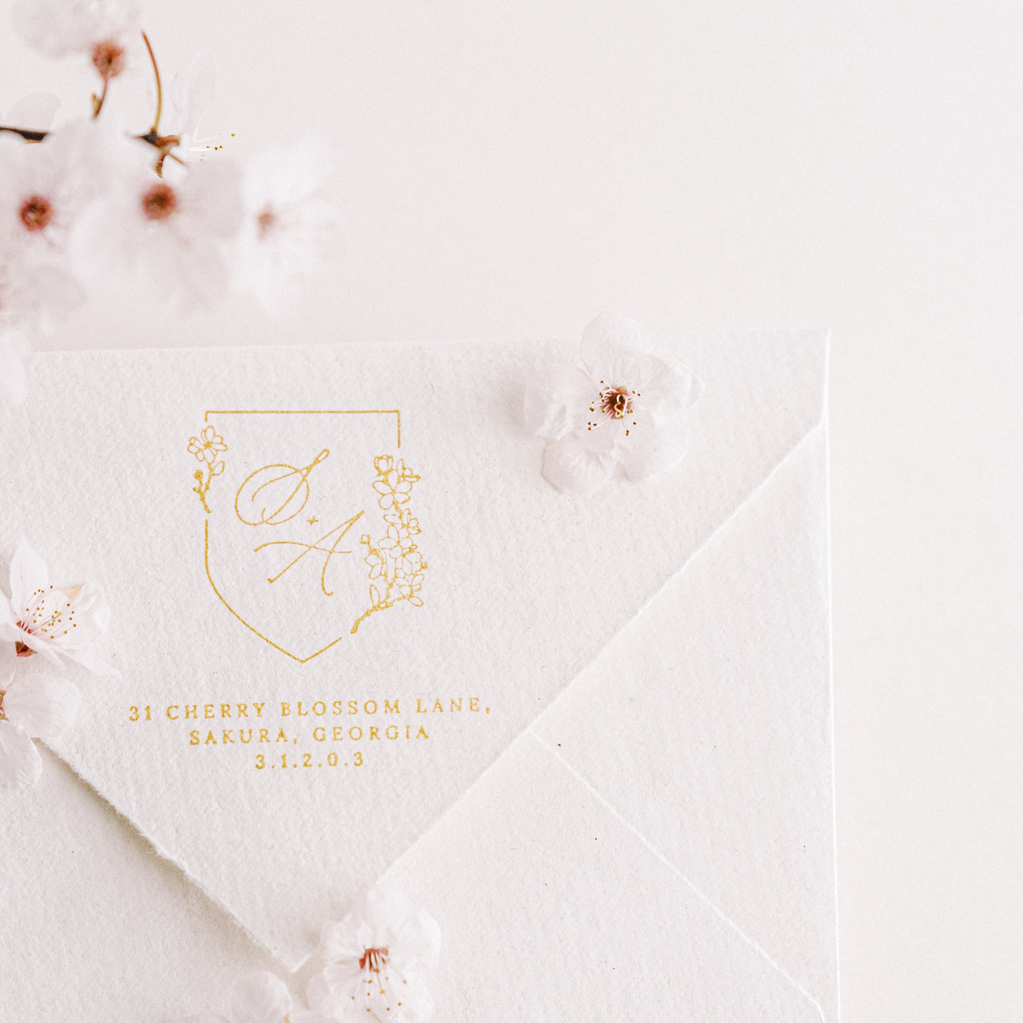 Yoshino Cherry Blossom Script Return Address Rubber Stamp for Fine Art Weddings | Cherry Blossom Blush Pink Spring Wedding Inspiration | Heirloom Seals 