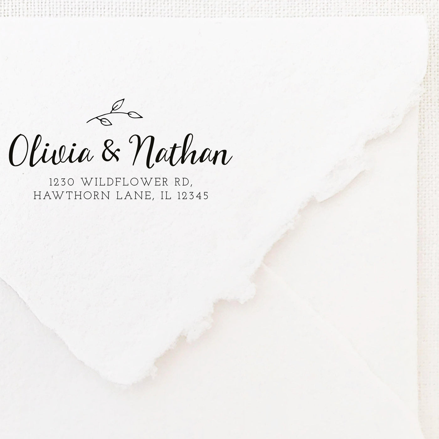 Sadie Botanical Calligraphy Script Return Address Rubber Stamp | Brand Packaging Fine Art Handmade Deckled Edge Paper Wedding Stationery Invitations Envelopes | Heirloom Seals