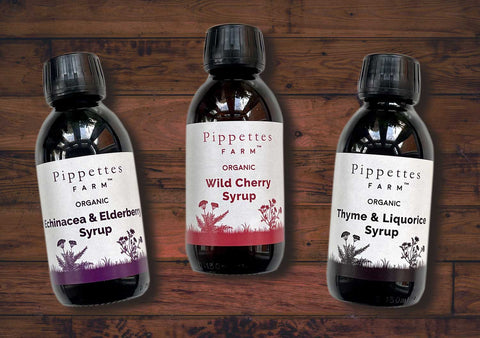 three bottles of Pippettes herbal syrups
