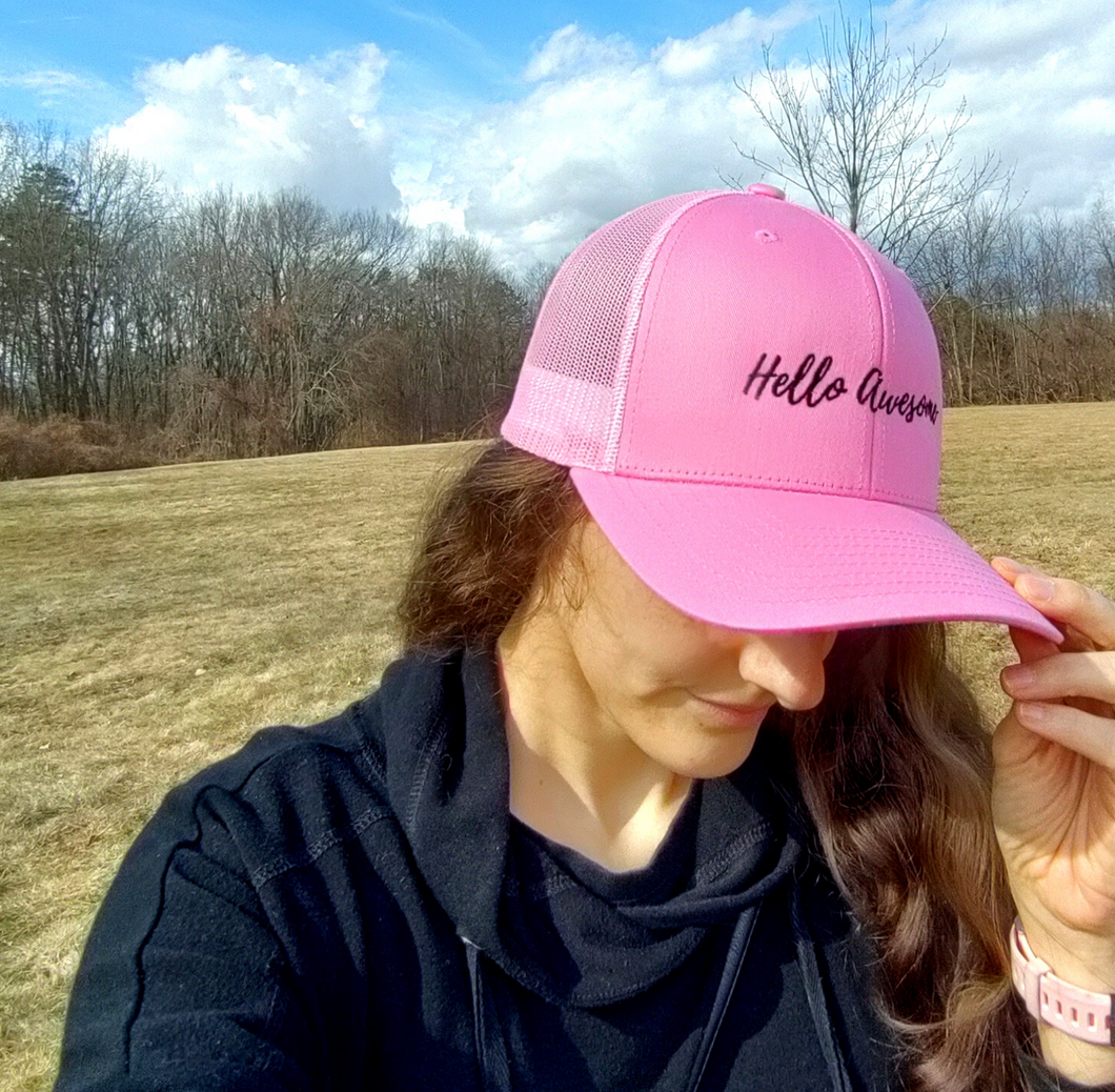 Hello Awesome Retro Pink Trucker Hat