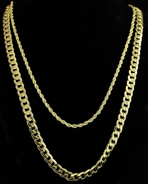 2pc Set 24" 30" Cuban/Rope Chains 14k Gold Plated Necklaces