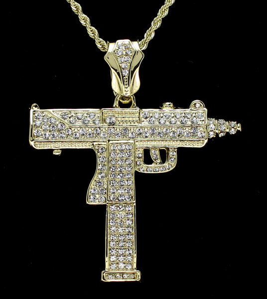 Large Iced Uzi Machine Gun 14k Gold Plated + 24