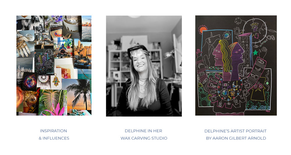 A black and white portrait of smiling Fine Jewelry Artist Delphine Leymarie in her wax carving studio next to a moodboard of her design influences and her artist portrait by Aaron Gilbert Arnold