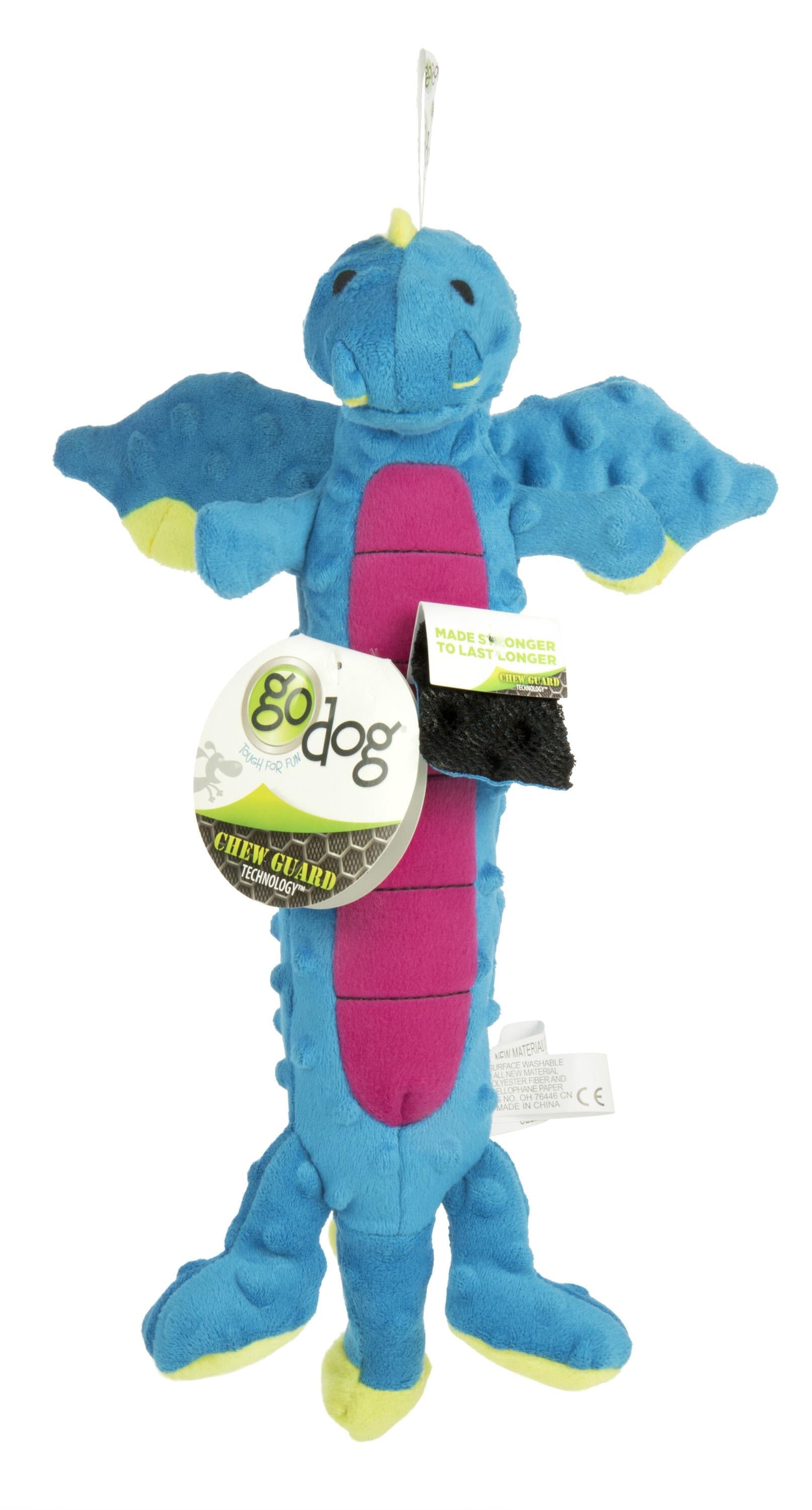 GoDog Checkers Skinny Dragon Squeak and Plush Dog Toy with Chew-Guard Tech - Blue - Large