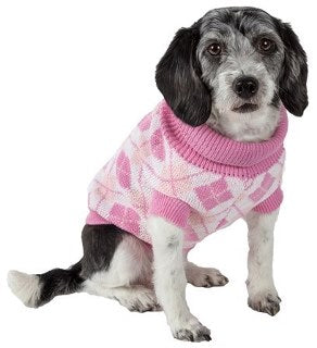 a dog wearing a pink Argyle Style Ribbed Knitted Fashion Designer Dog Sweater