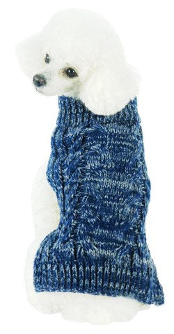  a white dog wearing a classical blue true heavy cable knitted sweater