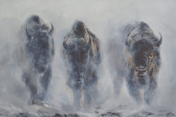 giants in the mist american buffalo bison emerge from snow in yellowstone wildlife painting by artist james corwin