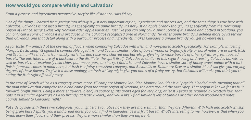 How would you compare whisky and Calvados?