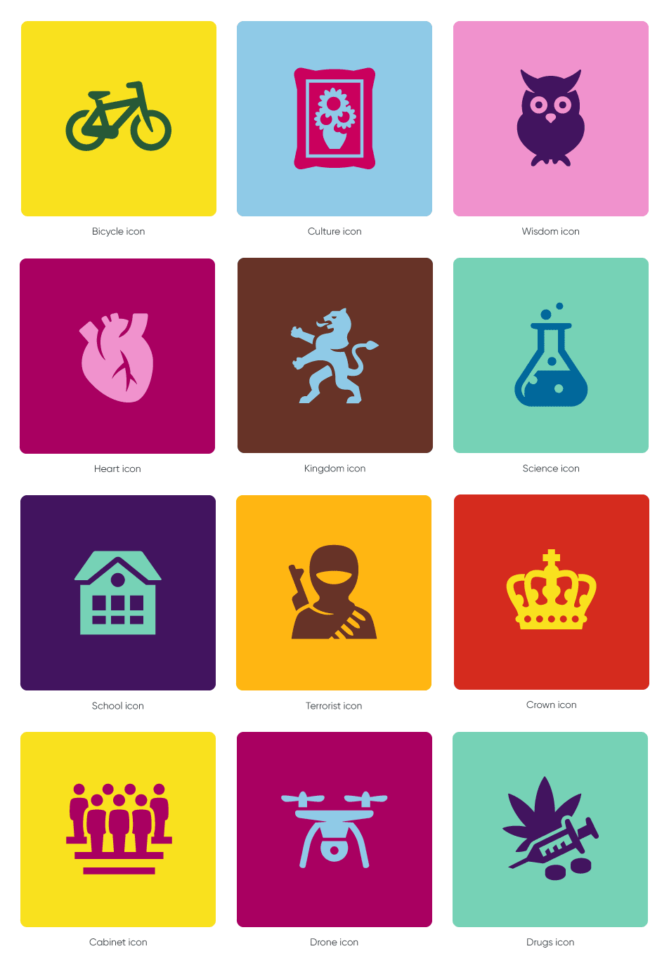 Bicycle icon, Culture icon, Wisdom icon, Heart icon, Kingdom icon, Science icon, School icon, Terrorist icon, Crown icon, Cabinet icon, Drone icon and Drugs icon by #Dutchicon for #Rijksoverheid . #icondesign www.dutchicon.com
