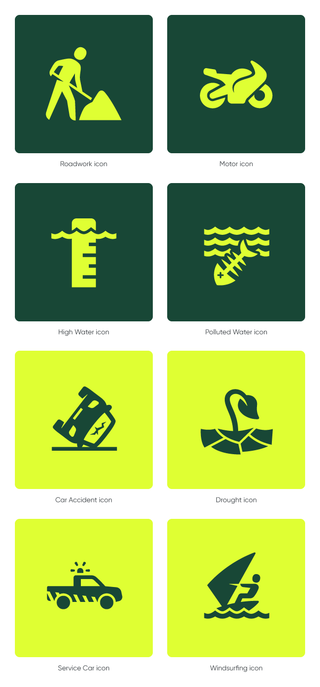 Roadwork icon, Motor icon, High Water icon, Polluted water icon, Car Accident icon, Drought icon, Service Car icon and Windsurfing icon by #Dutchicon for Rijkswaterstaat. #icondesign www.dutchicon.com