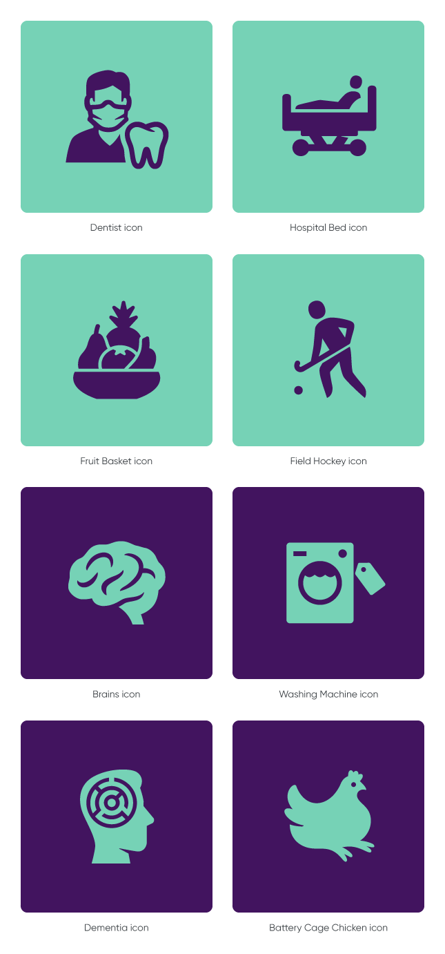 Dentist icon, Hospital Bed icon, Fruit Basket icon, Field Hockey icon, Brains icon, Washing Machine icon, Dementia icon and Battery Cage Chicken icon by #Dutchicon for Ministry of Health, Welfare and Sport (VWS). #icondesign www.dutchicon.com