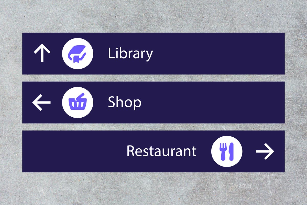 Pika icons by #Dutchicon in a wayfinding concept (Library, Shop and Restaurant). #icondesign