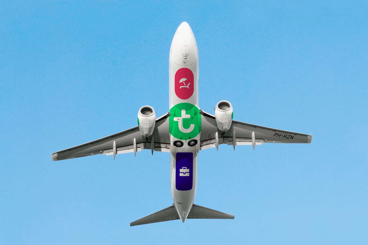 Briefcase icon and Sunbathing icon on bottom #Transavia airplane by #Dutchicon. #icondesign www.dutchicon.com