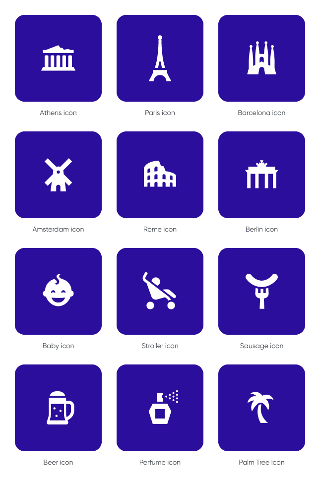 Athens icon, Paris icon, Barcelona icon, Amsterdam icon, Rome icon, Berlin icon, Baby icon, Stroller icon, Sausage icon, Beer icon, Perfume icon and Palm Tree icon by #Dutchicon for #Transavia / #studiodumbar. #icondesign www.dutchicon.com