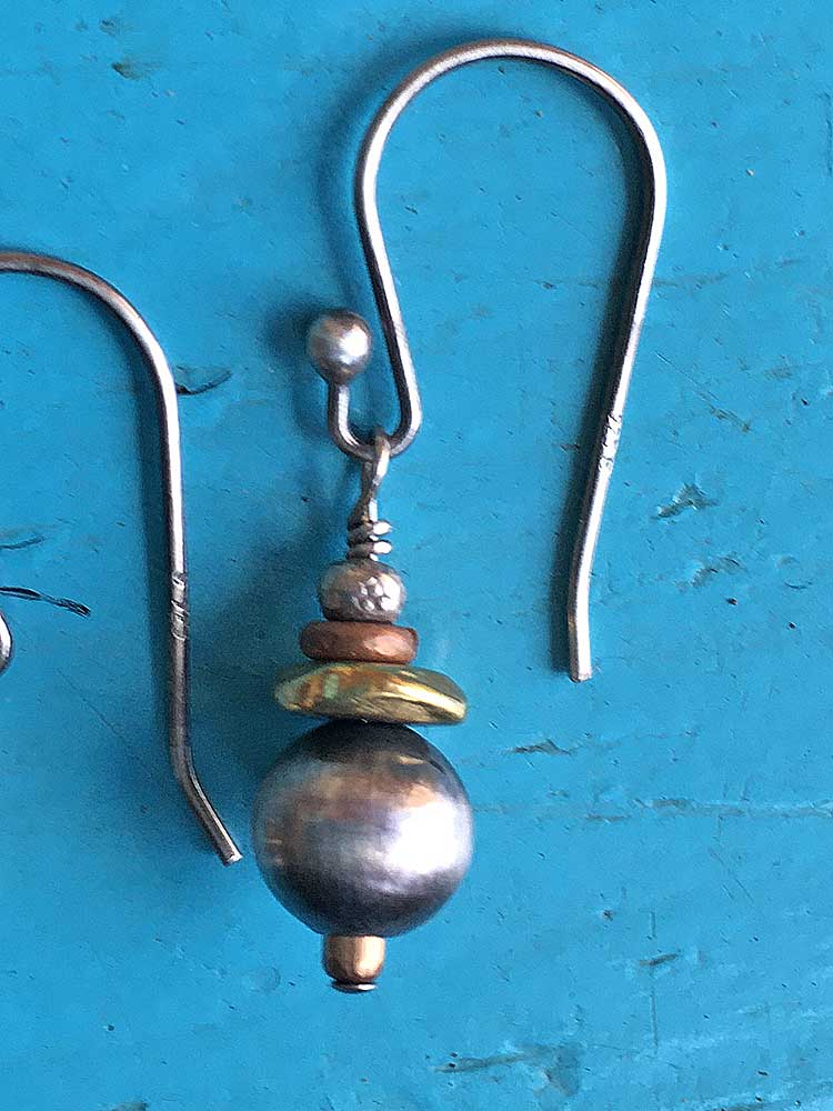 Petite Copper + SS Navajo Pearl Drop Earrings by Peyote Bird Designs