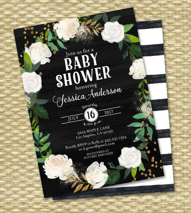 black white and gold baby shower invitations