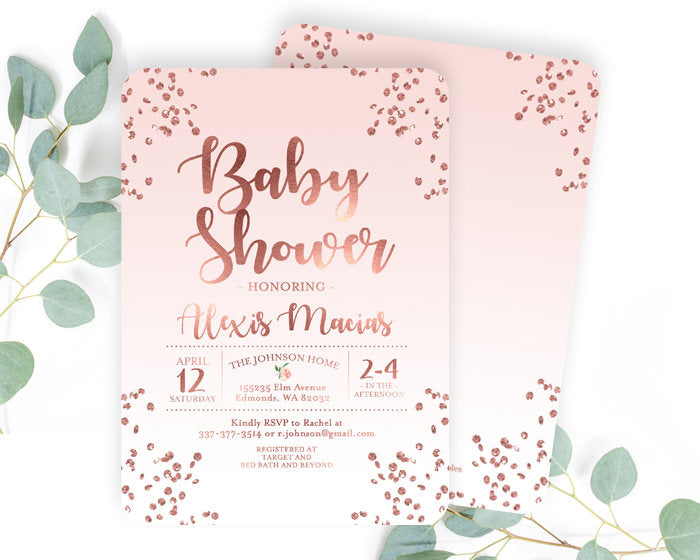 rose gold and pink baby shower invitations