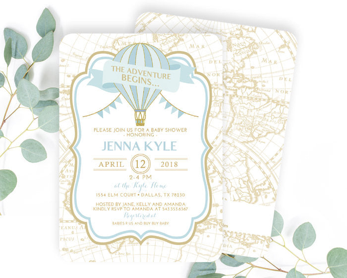 Adventure Begins Baby Boy Shower Invitation Hot Air Balloon Baby