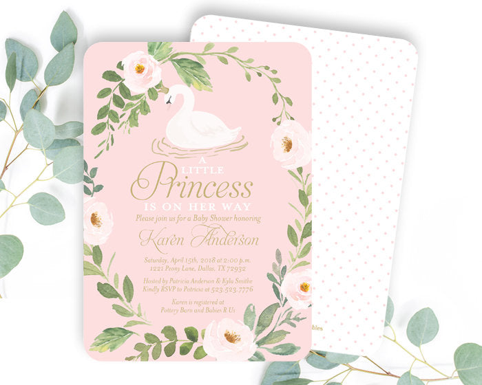 swan princess baby shower invitation, pink & gold floral little princess  baby shower, swan baby shower invitation, girl swan party invite