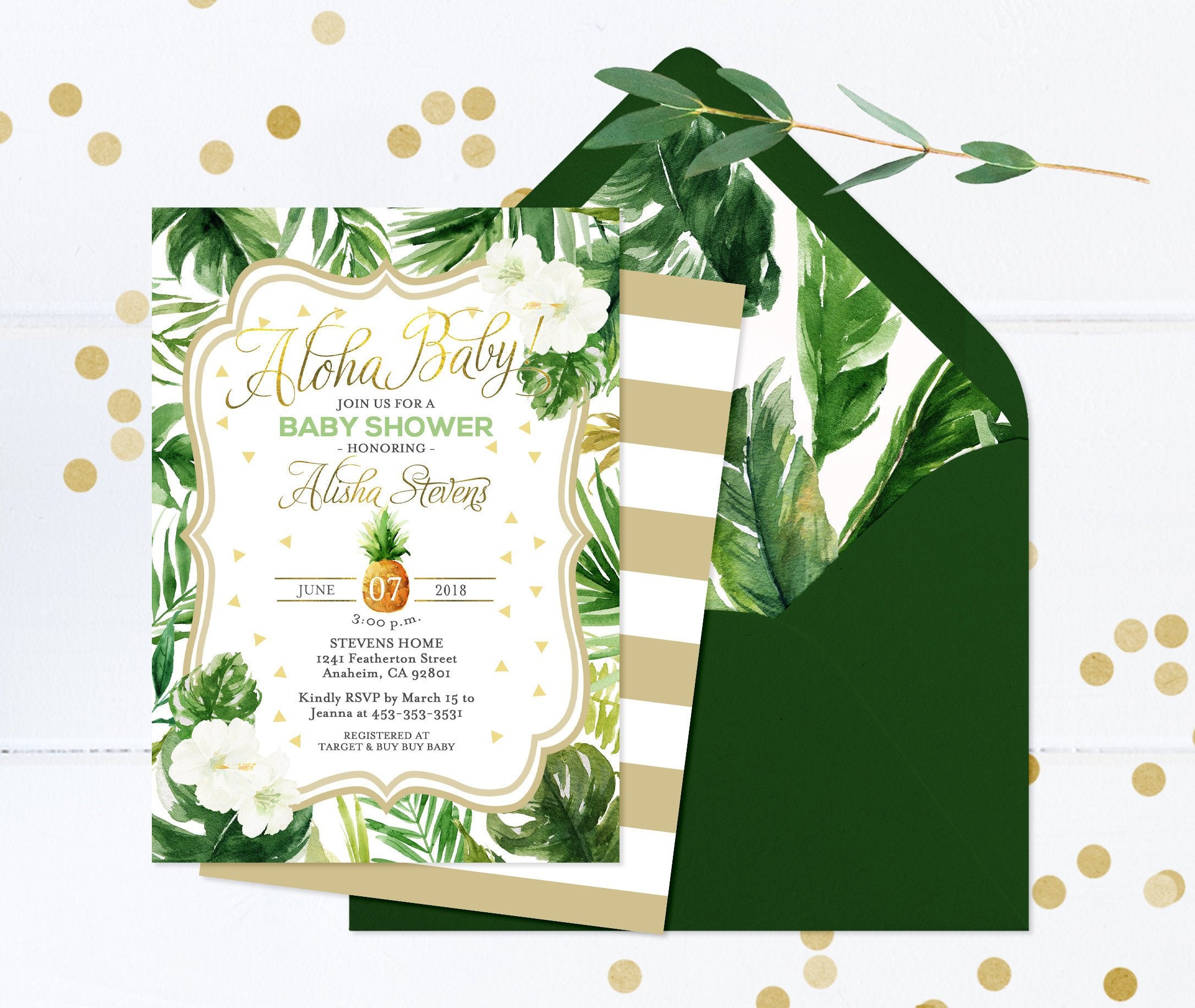 aloha baby shower, hawaiian baby shower invitation, tropical baby shower  invitation, gold and green invitation, gender neutral baby shower