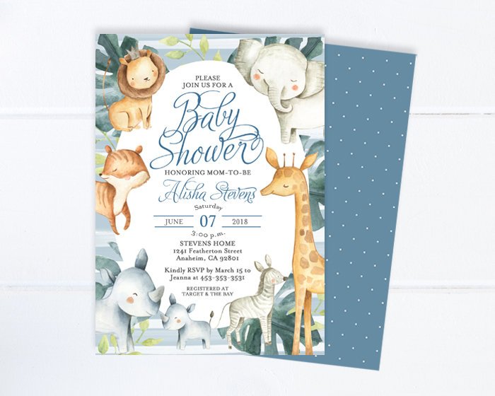 baby shower invitation boy, baby animals invitation, cute safari animals,  baby shower invite, lion, elephant, giraffe, jungle animals