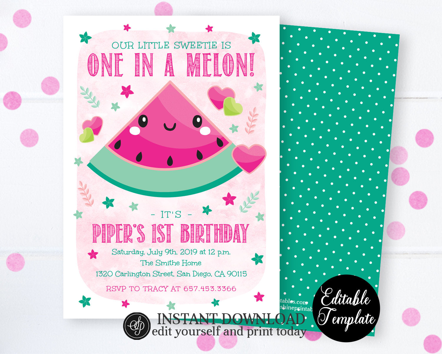 Download One In A Melon Girl 1st Birthday Invitation Watermelon Theme Summer B Sunshine Printables