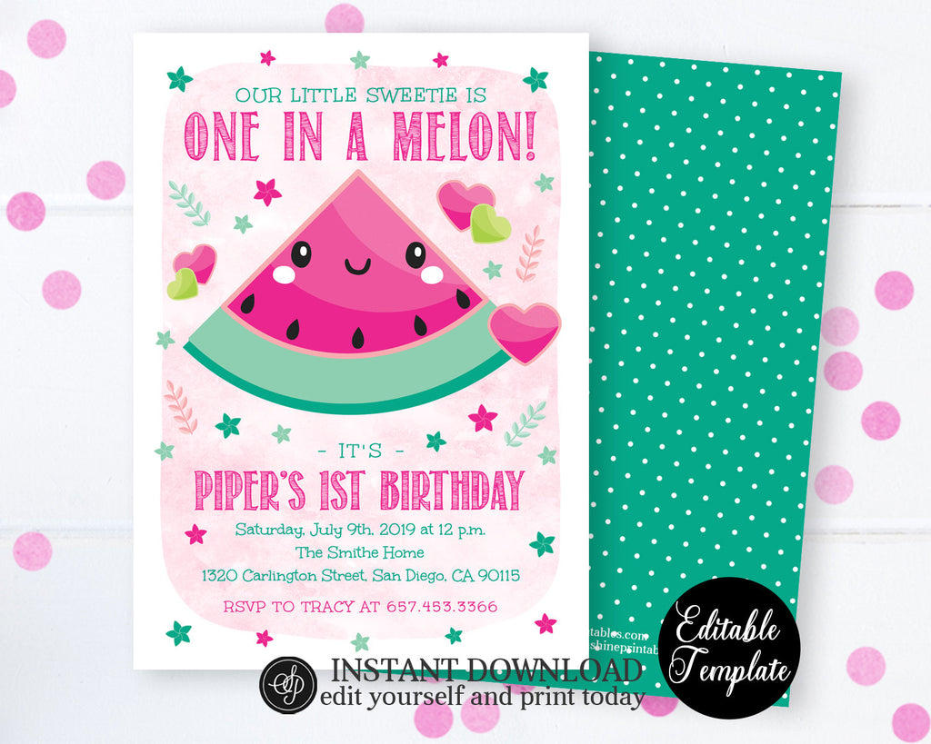 One in a Melon Girl 1st Birthday Invitation, Watermelon ...