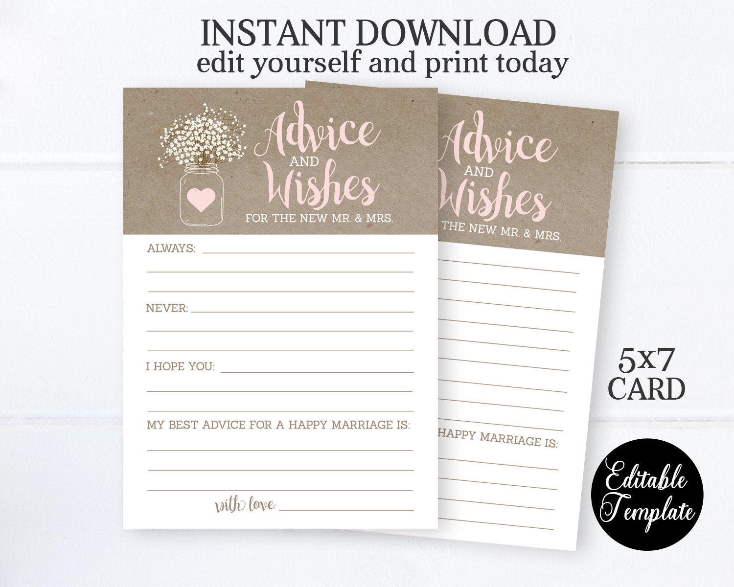 EDITABLE Kraft Bridal Shower Advice Card, Advice for the Bride, SP21 Inside Marriage Advice Cards Templates