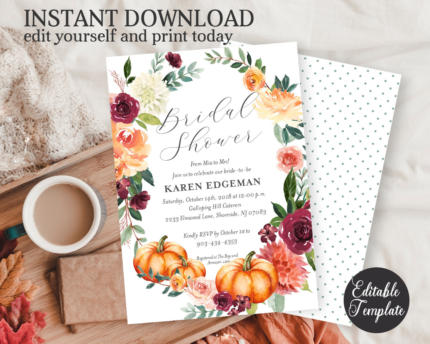 Fall Floral Bridal Shower Invitation, Pumpkin Bridal Shower Invite, ED