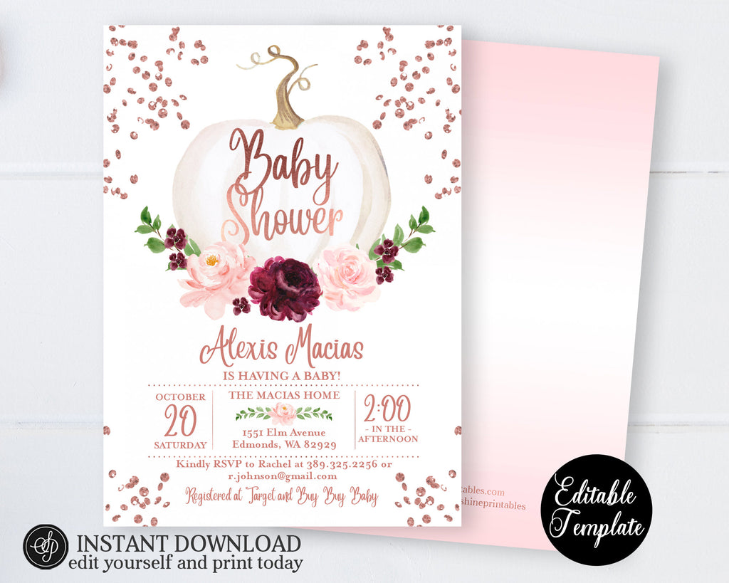 Fall Baby Girl Shower Invitation, White Pumpkin Floral Rose Gold Glitt