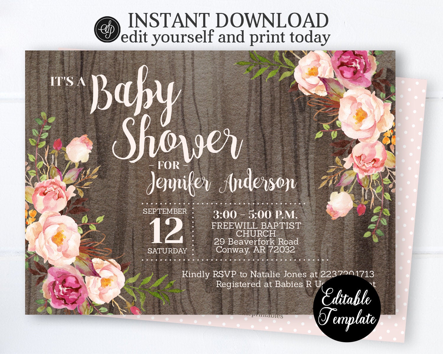 editable rustic baby girl shower invitation template, girl floral boho baby  shower invite, templett, sp0055