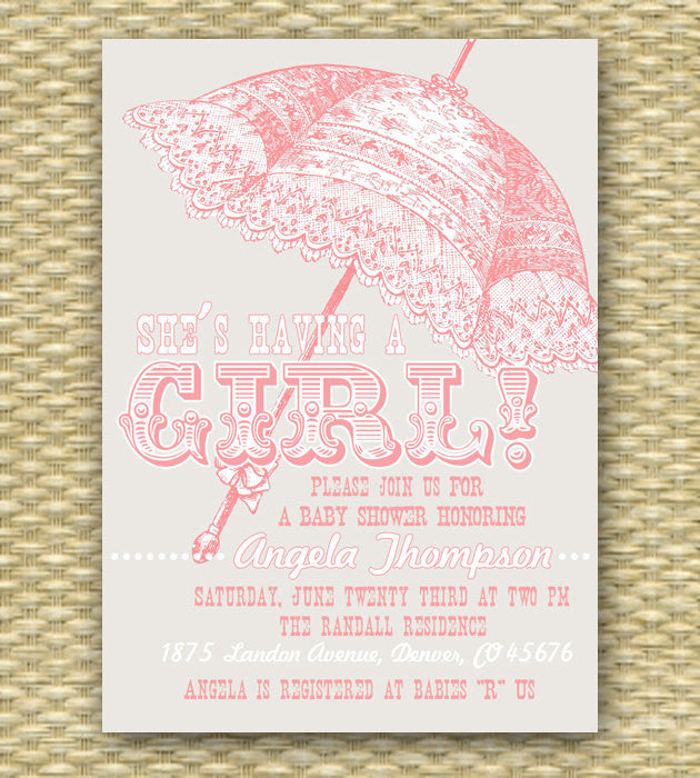 Printable Baby Shower Invitation Vintage Parasol Baby Girl Sip And