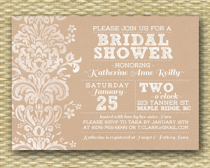 Bridal Shower Invitation Rustic Kraft Damask Lace Shabby Chic