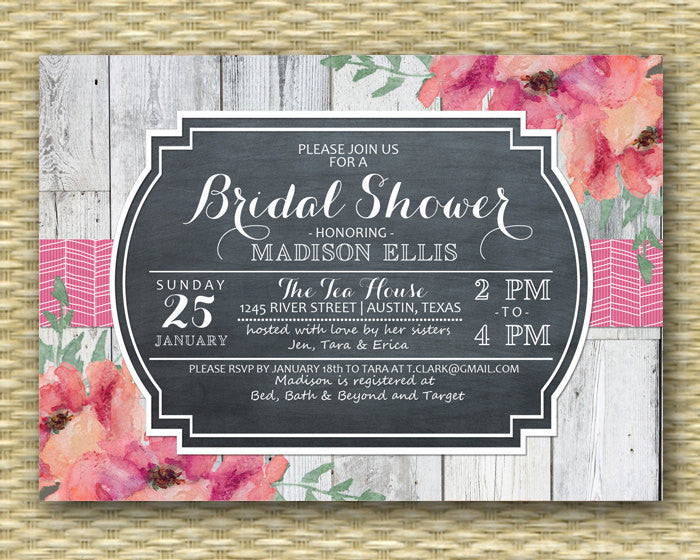 Rustic Bridal Shower Invitation Vintage Chalkboard Shabby Chic