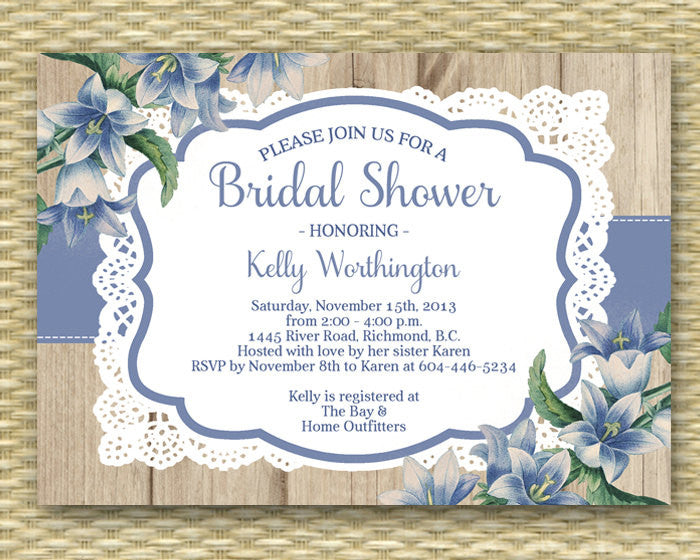 Lace Bridal Shower Invitation Rustic Wood Lace Blue Flowers Rustic