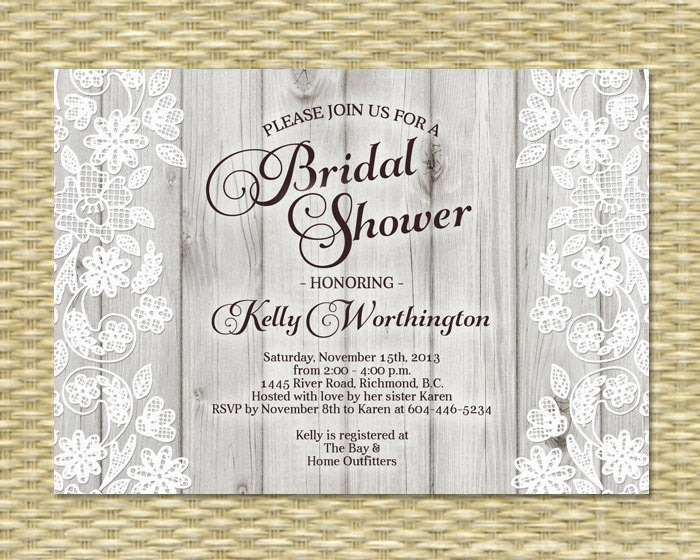 Bridal Shower Invitation - Rustic Wood Lace Applique Gio2 - ANY EVENT - Birthday Invitation, Baby Shower Invitation, Any Color Scheme