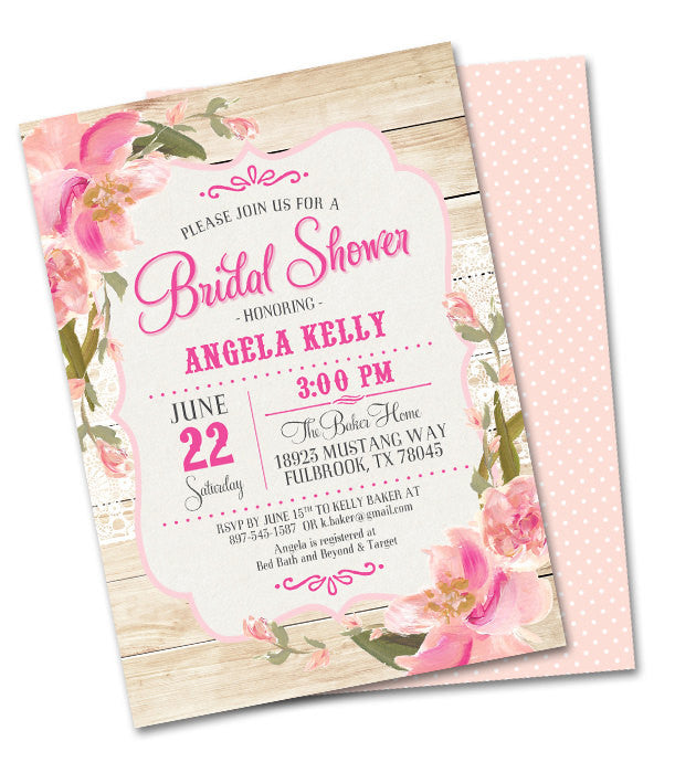 Rustic Bridal Shower Invitation Country Wood Lace Pink Blush Peach