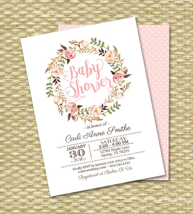 baby girl shower invitation boho baby shower blush pink printable baby  sprinkle any event printing available