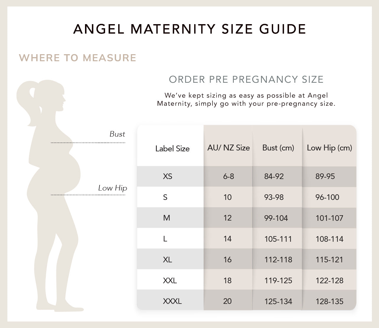 Angel Maternity Clothing Meaurements