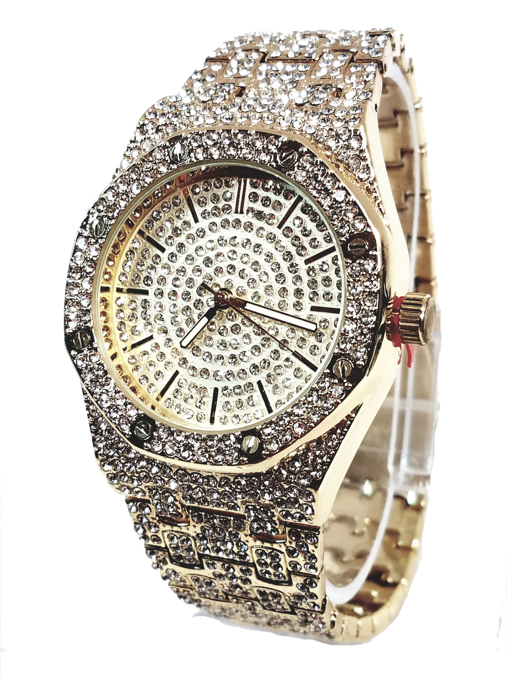 Techno Pave Gold Finish Iced Out Lab Diamond Iced Round Face Mens Watch Metal Iced Band Bling 8651
