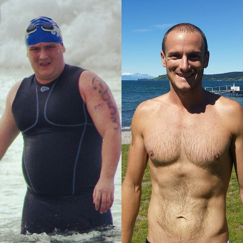 Tim, before weighing 120kg, and after weighing 70kg.