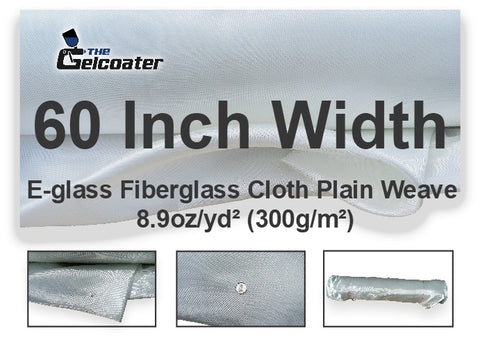 The Gelcoater brand e glass fiberglass cloth in 8.9 ounce weight and 60 inch wide with 3 inset photos showcasing the cloth